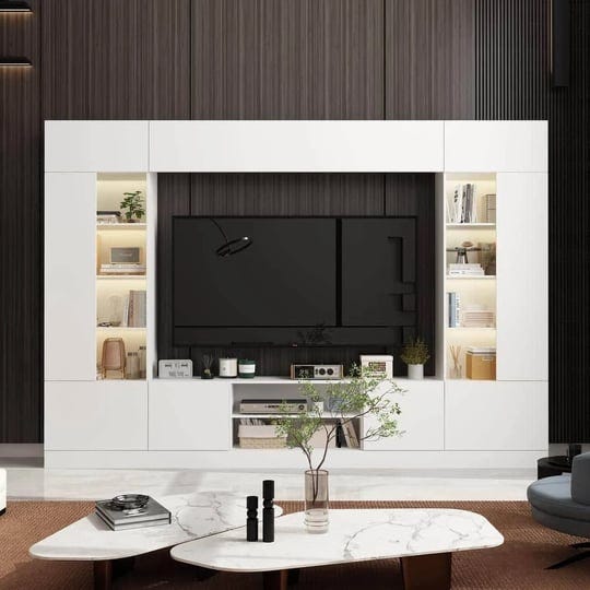 4-piece-white-wood-entertainment-center-tv-console-with-door-cabinets-bookshelves-led-lights-for-tvs-1