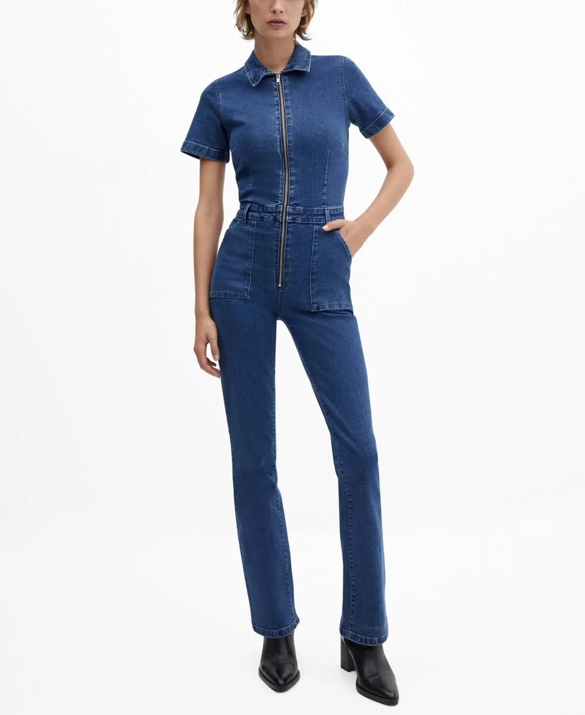 Petite Denim Jumpsuit with Classic Collar and Zipper Detail | Image