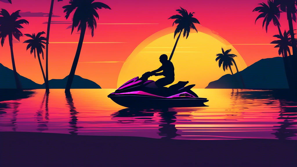 A lone jet ski rider on a calm ocean, silhouetted by the setting sun with palm trees in the background