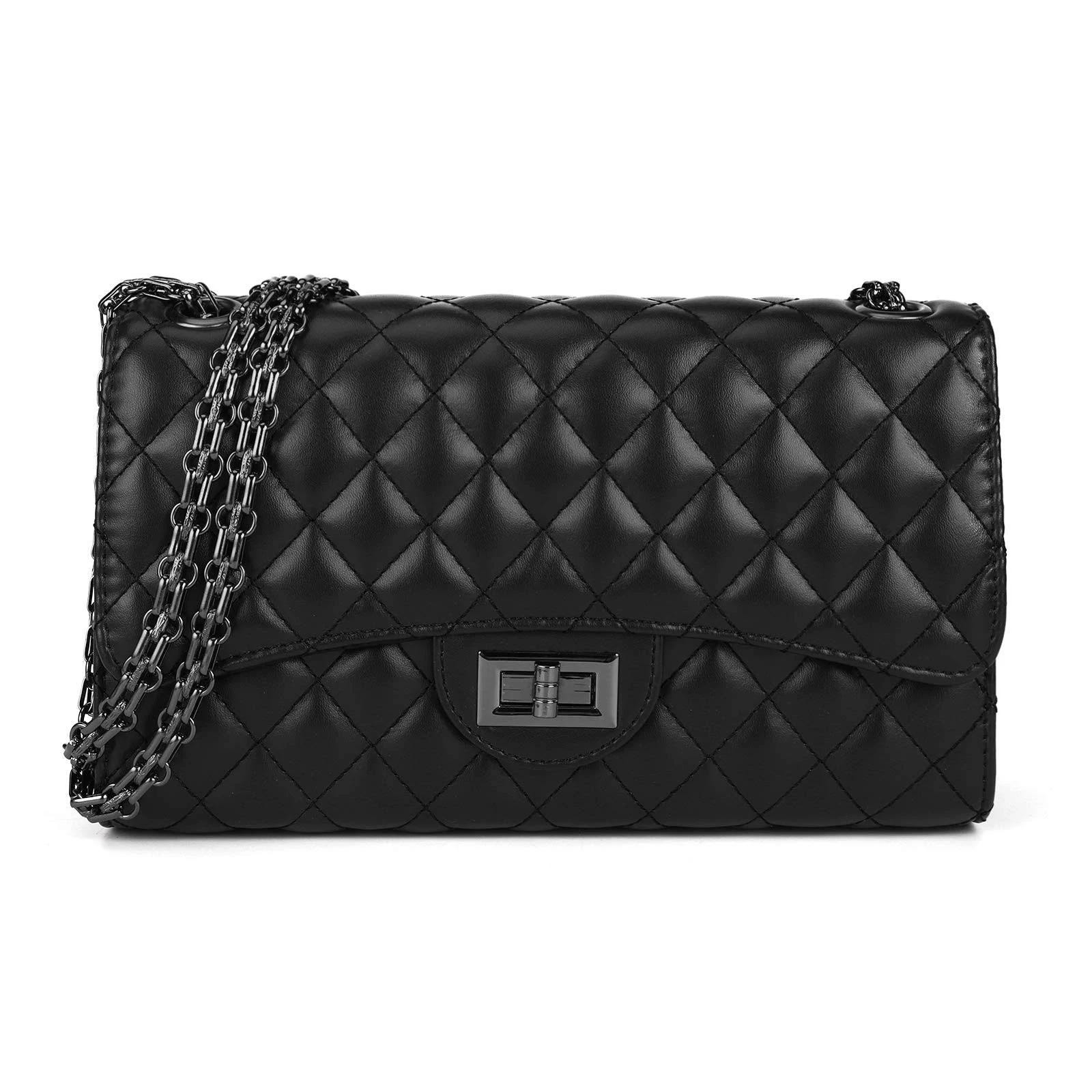 Black Quilted Leather Ladies Shoulder Purse with Chain Strap and Zipper Closure | Image