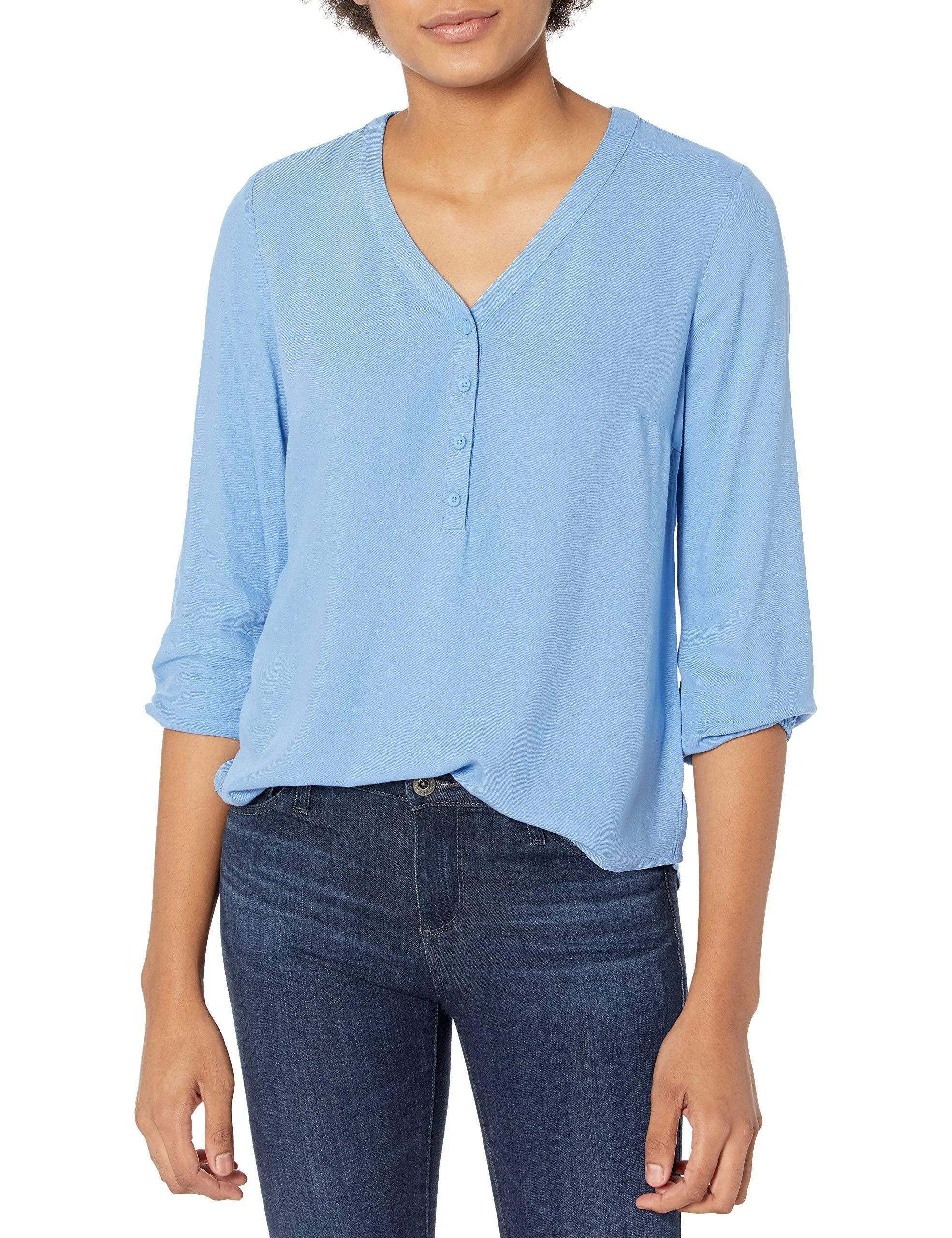 Relaxed Fit Women's 3/4 Sleeve Button Popover Shirt - Versatile Everyday Blouse | Image