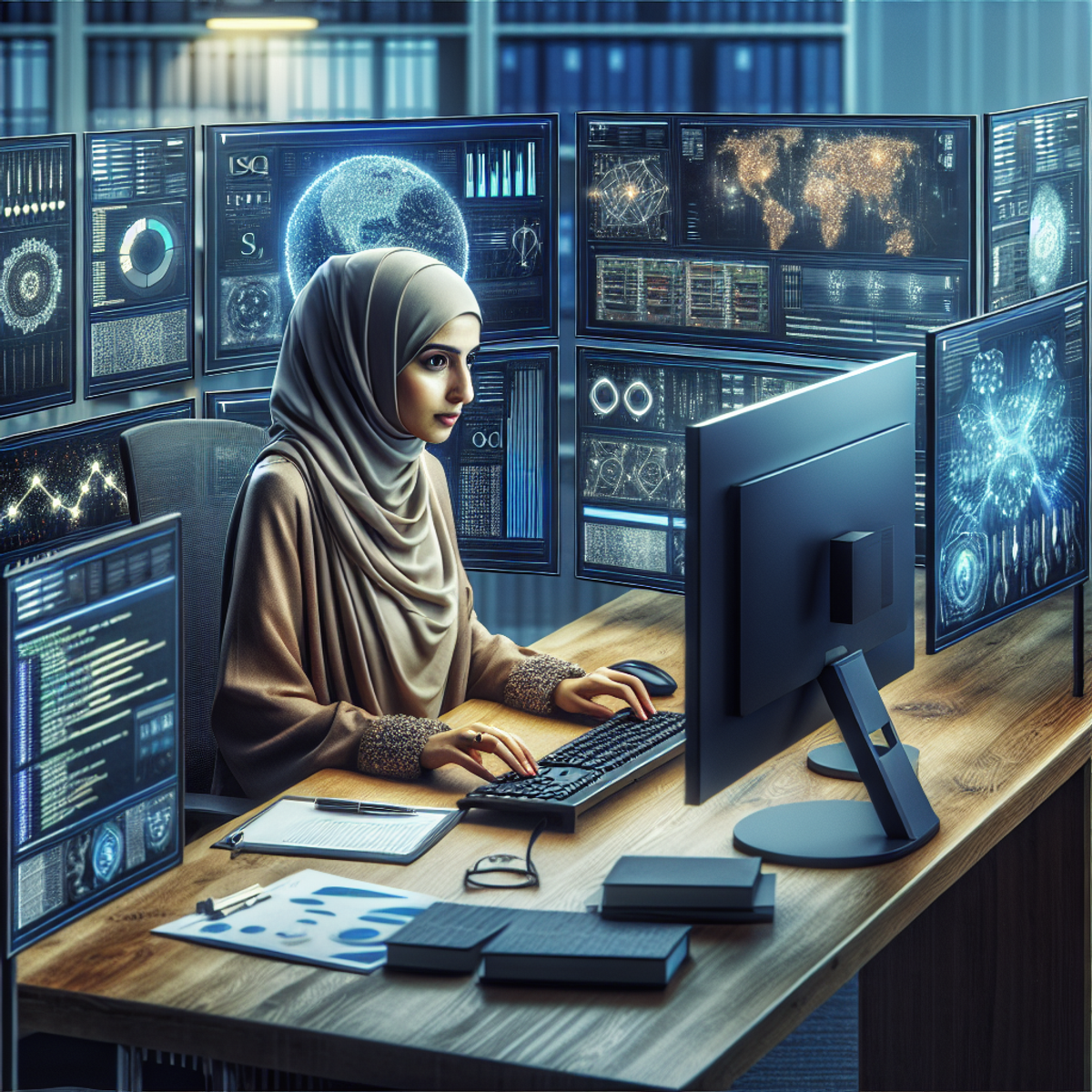 A Middle-Eastern female financial advisor using advanced AI software on a multi-screen computer setup.