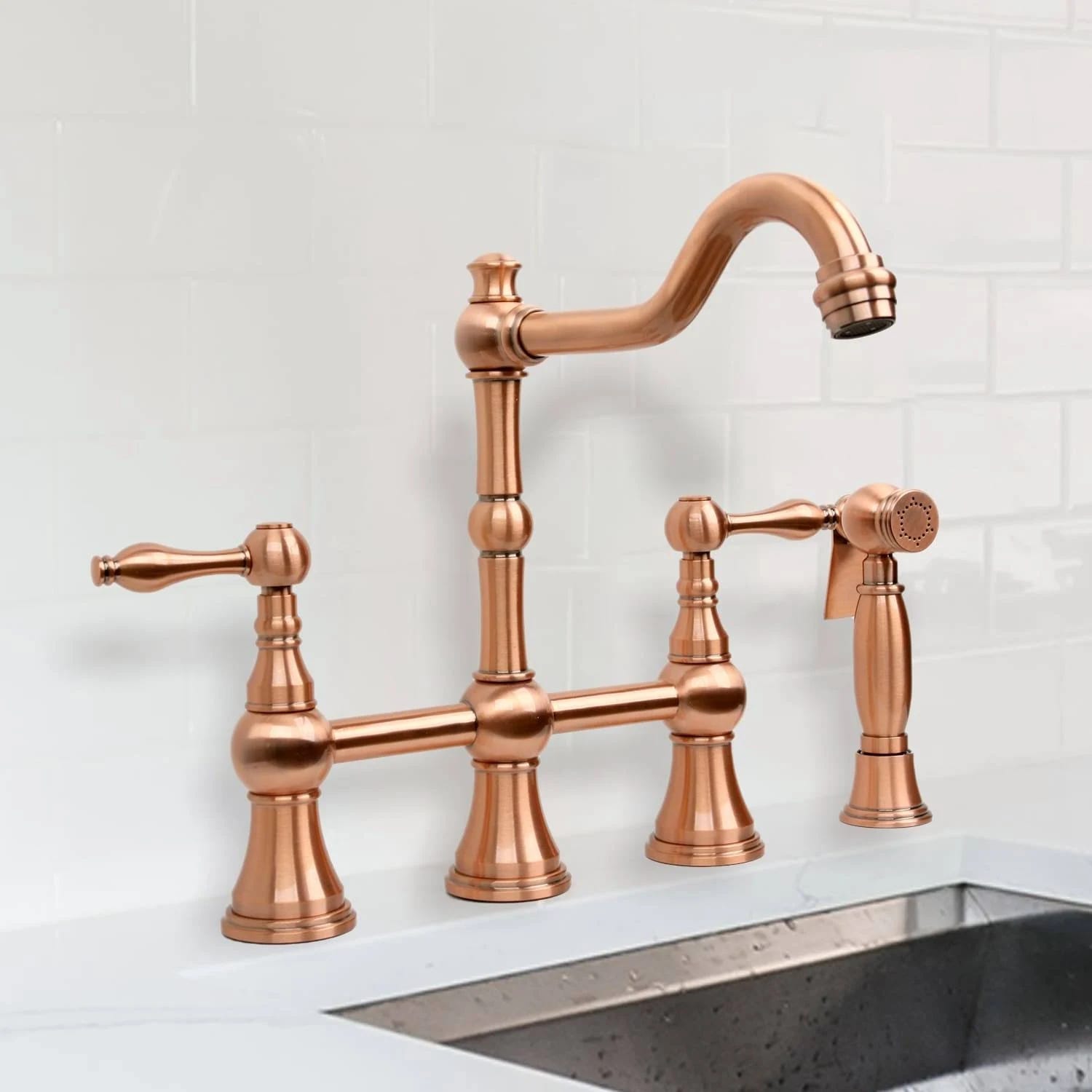 Premium Two-Handle Copper Bridge Kitchen Faucet and Side Sprayer | Image