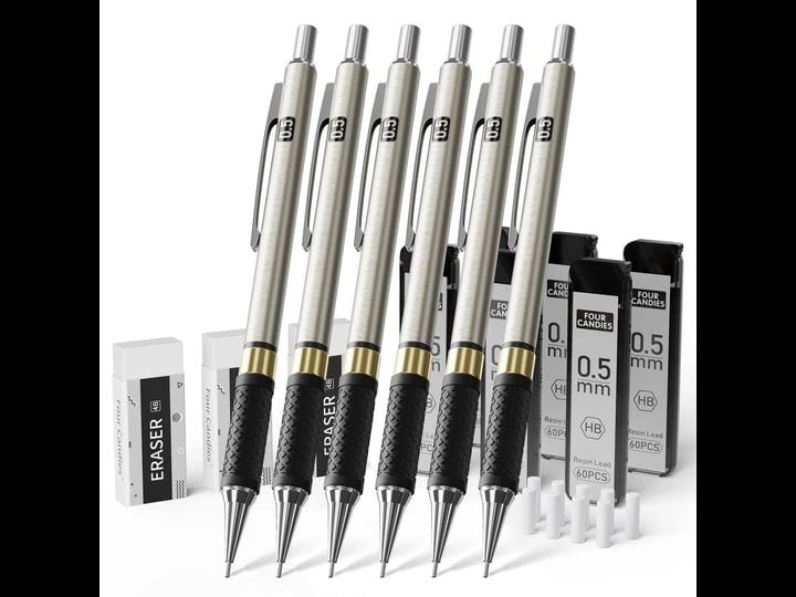 four-candies-metal-mechanical-pencil-set-6pcs-0-5mm-art-mechanical-pencils-360pcs-hb-lead-refills-3p-1
