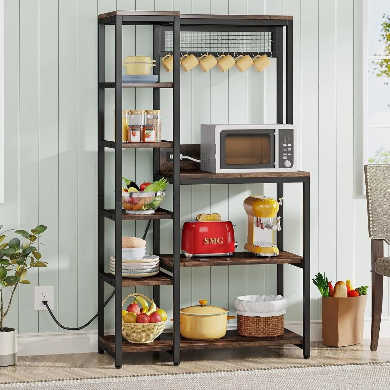 Industrial 8-Tier Microwave Stand with Power Outlets and Storage Shelves | Image