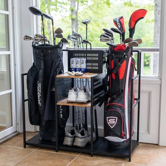 f-series-golf-organizer-garage-golf-bag-storage-stand-holds-2-bags-clubs-and-accessories-freestandin-1