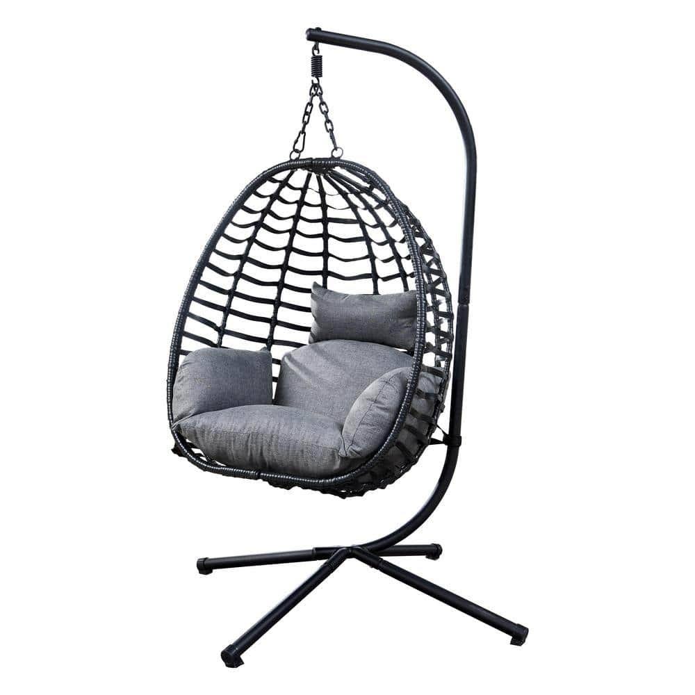 6.5 ft. Rattan Freestanding Oval Egg Chair Hammock with Grey Cushion | Image