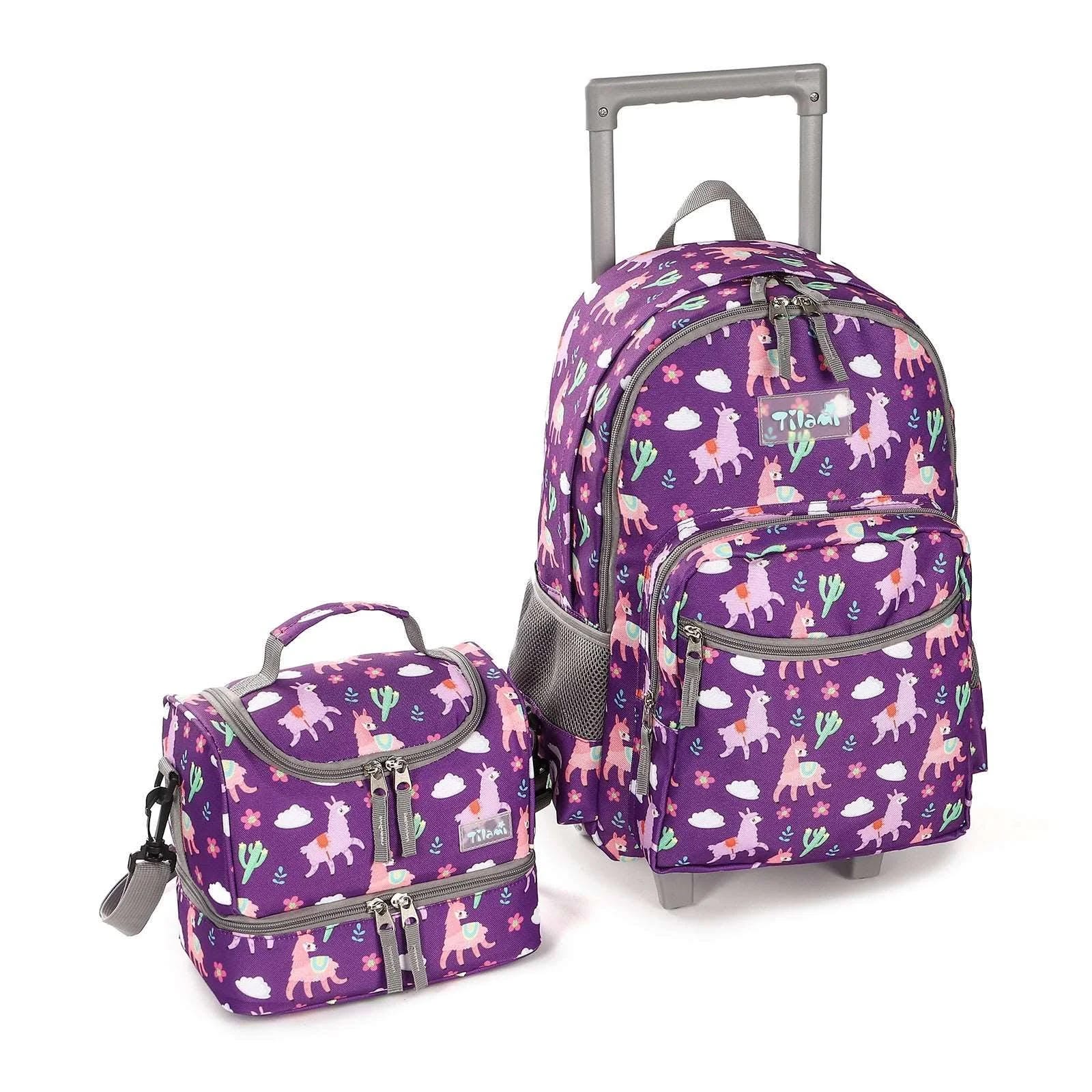 Tilami Purple Alpaca Rolling Backpack with Lunch Bag and Wheel Covers | Image