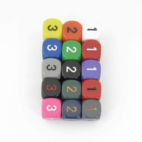wondertrail-assorted-opaque-dice-with-numbers-d3-d6-1-3-twice-16mm-5-8-inch-pack-of-15-1