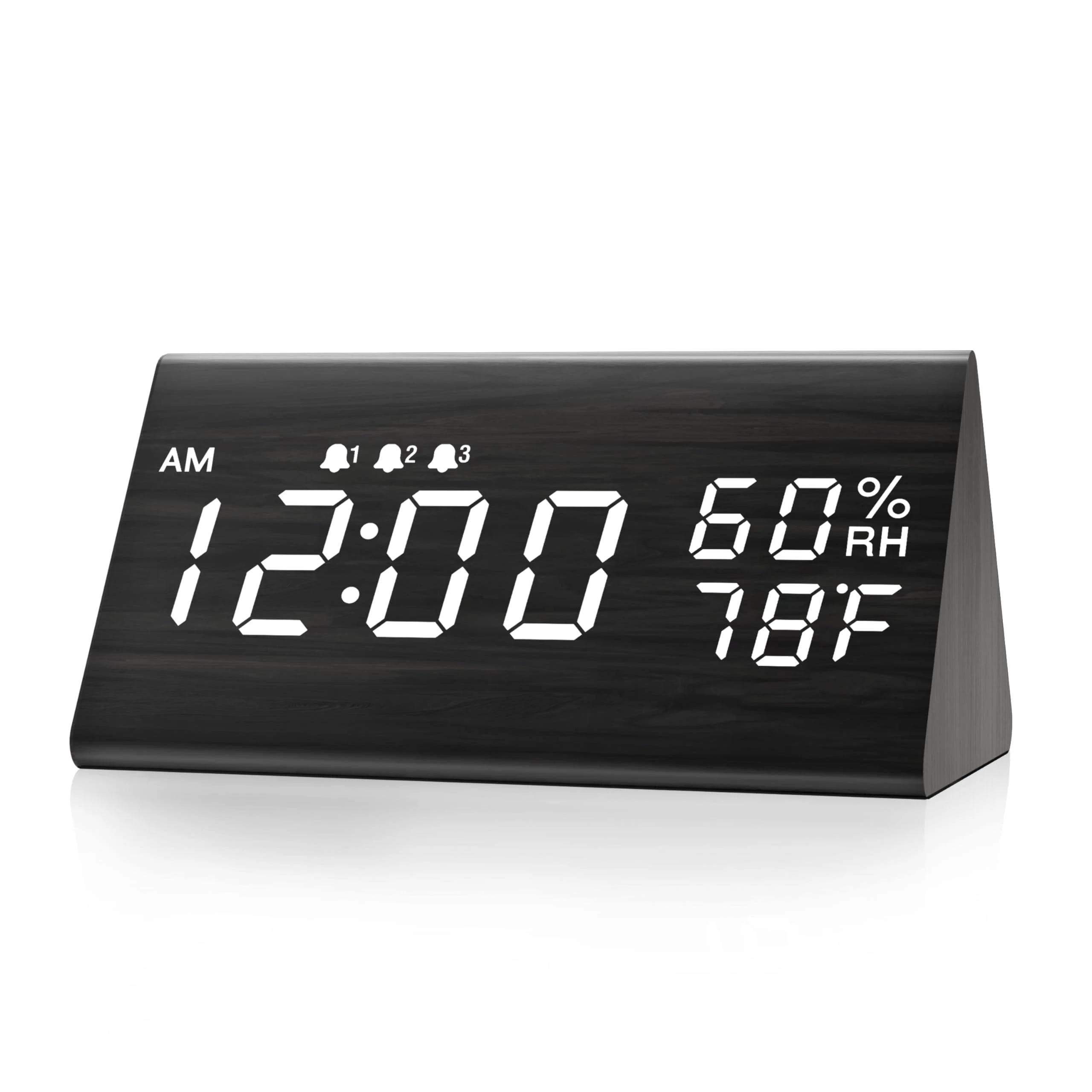 Modern Digital Alarm Clock with Wooden Frame and Temperature Monitor | Image