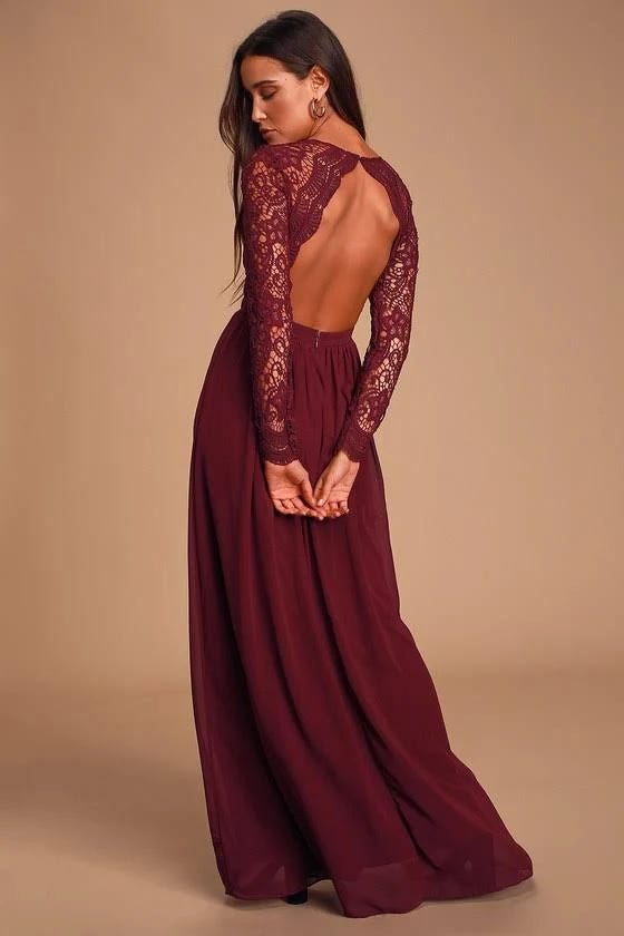 Burgundy Maxi Dress with Lace Detailing and Fitted Waist | Image