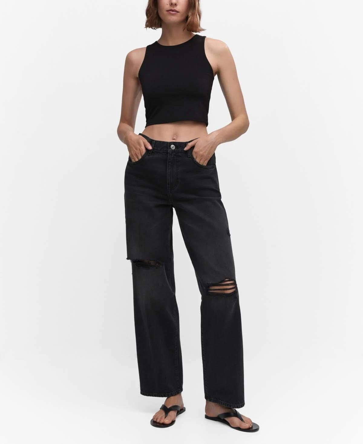 Ripped Wideleg Jeans in Black Denim for Women | Image