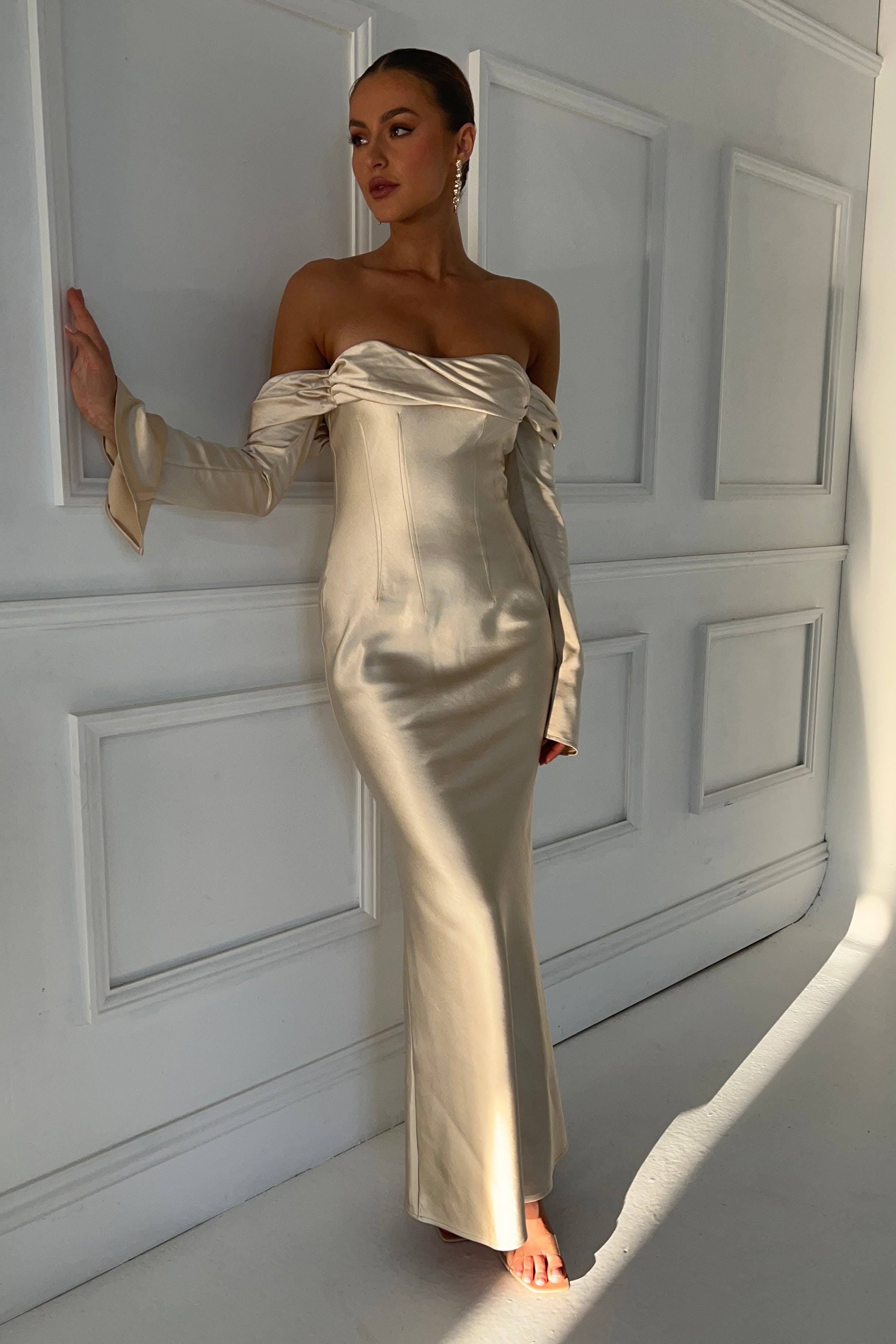 Luxurious Gold Midi Off-Shoulder Dress for Holiday Events | Image