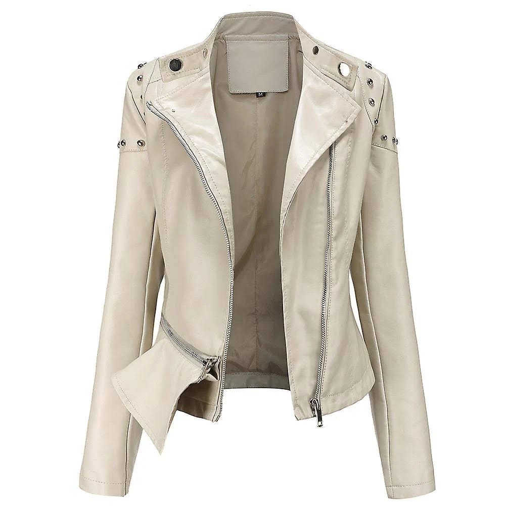 White Synthetic Leather Motorcycle Jacket for Women | Image