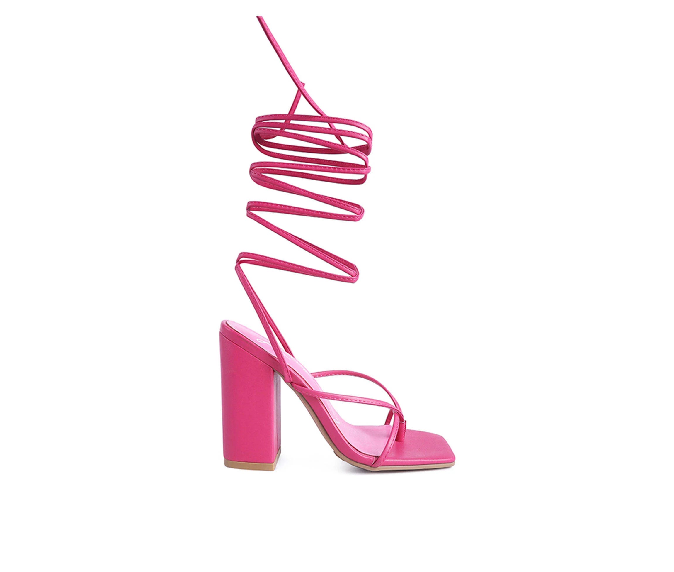 Fuchsia Lace-Up Block Heel Tie Up Sandals with Faux Leather Upper | Image