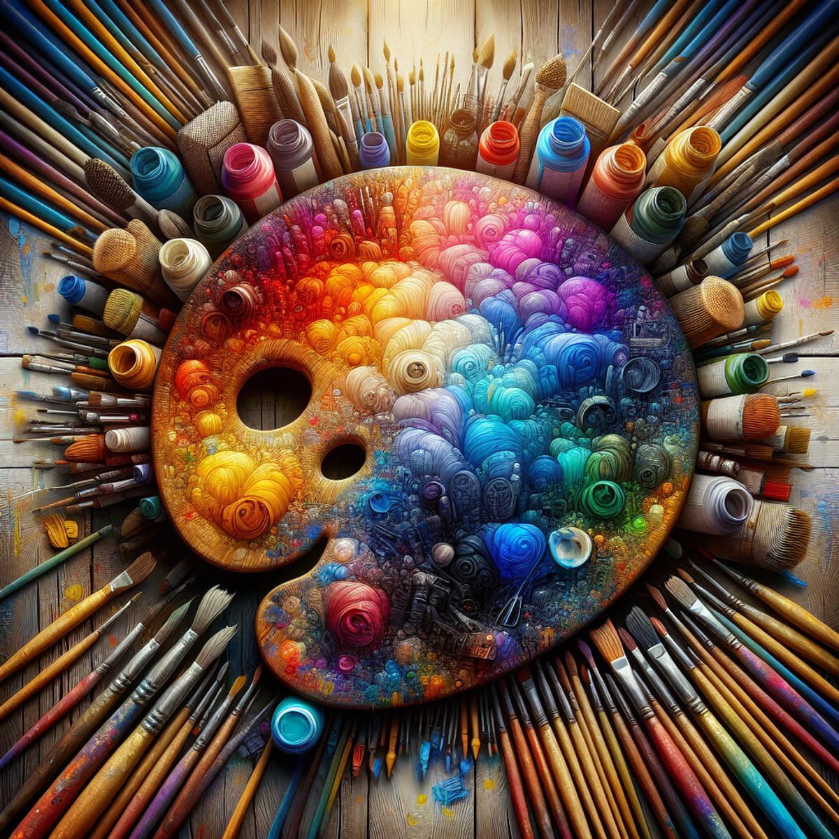 A colorful artist's palette filled with various shades of paint, surrounded by multiple paintbrushes of different sizes.