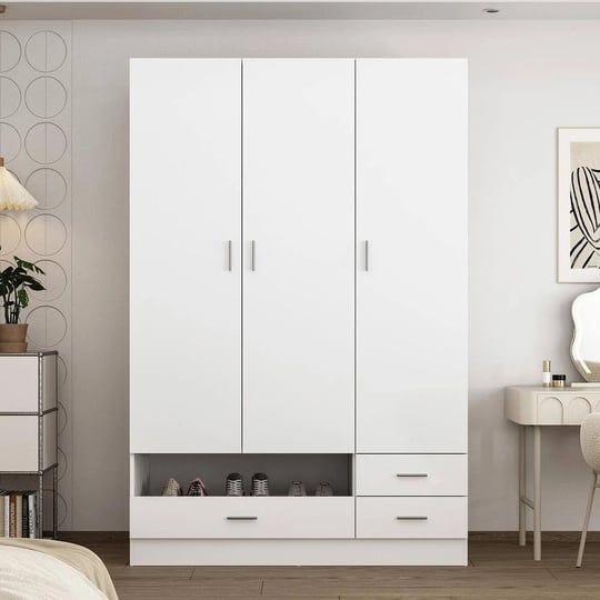 white-wood-47-2-in-w-3-door-bedroom-armoire-wardrobe-closet-cabinet-with-hanging-rod-drawers-shoe-ra-1