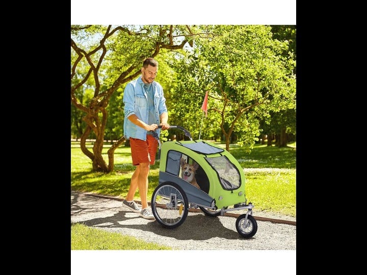 aosom-dog-bike-trailer-2-in-1-pet-stroller-with-canopy-and-storage-pockets-green-1