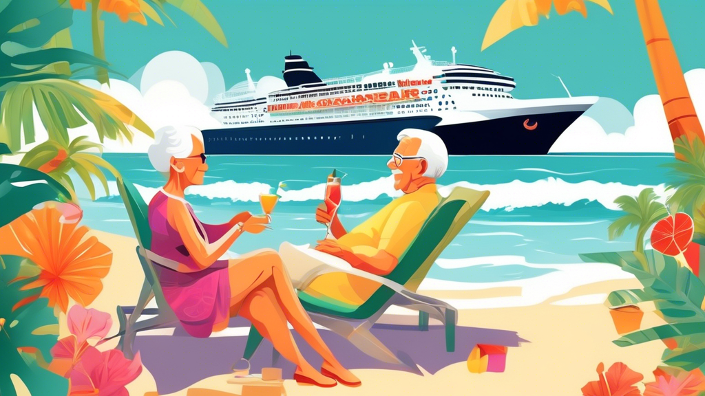 A senior couple relaxing on a tropical beach, sipping cocktails with a cruise ship in the background, with one of them holding a Medicare card.