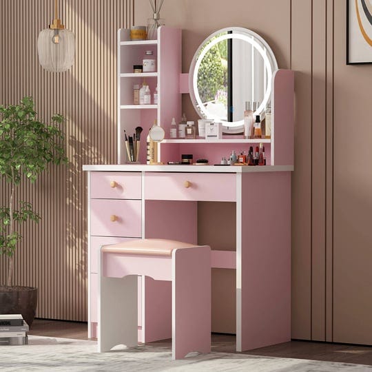 fufugaga-contemporary-pink-makeup-vanity-set-with-round-mirror-and-touch-screen-light-adjustment-ljy-1