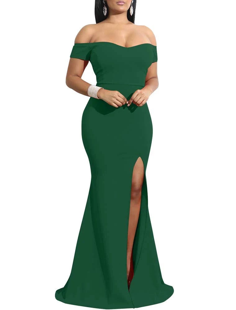 Off Shoulder High Split Evening Gown in Emerald Green | Image