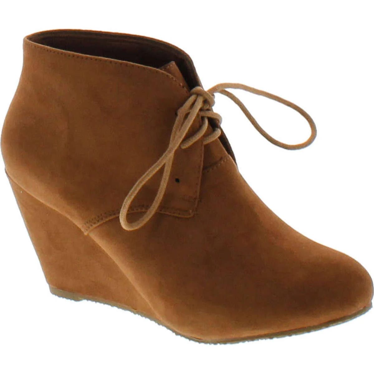 Anna Sally-5 Women's Almond Toe Lace-Up Wedge Ankle Booties in Camel | Image