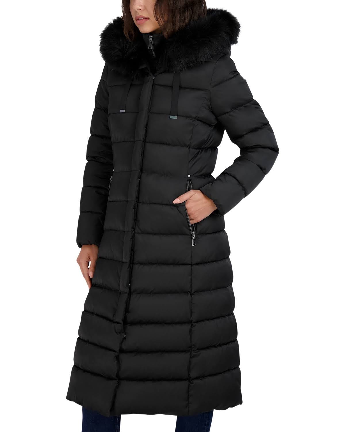 Chic Maxi Puffer Coat with Removable Hood and Faux Fur Detail | Image