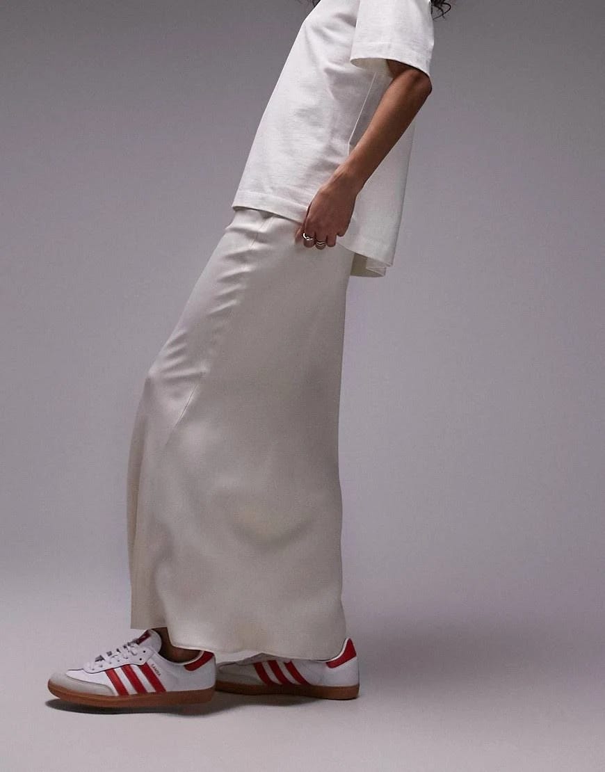 Sophisticated White Satin Midi Skirt for Summer | Image