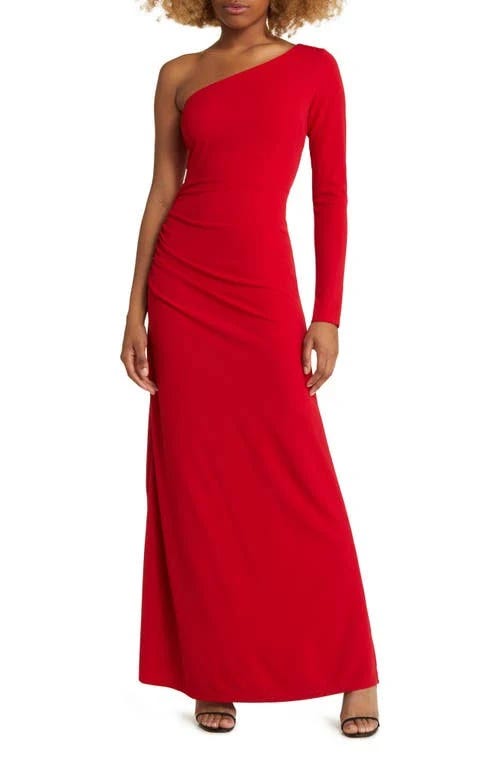 Elegant One-Shoulder Gown in Dark Red | Image