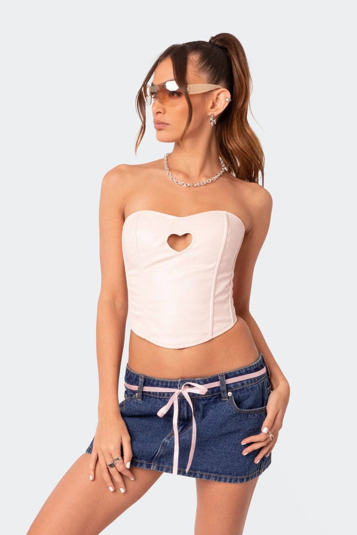 Light-Pink Heartthrob Faux Leather Corset Crop Top | Image