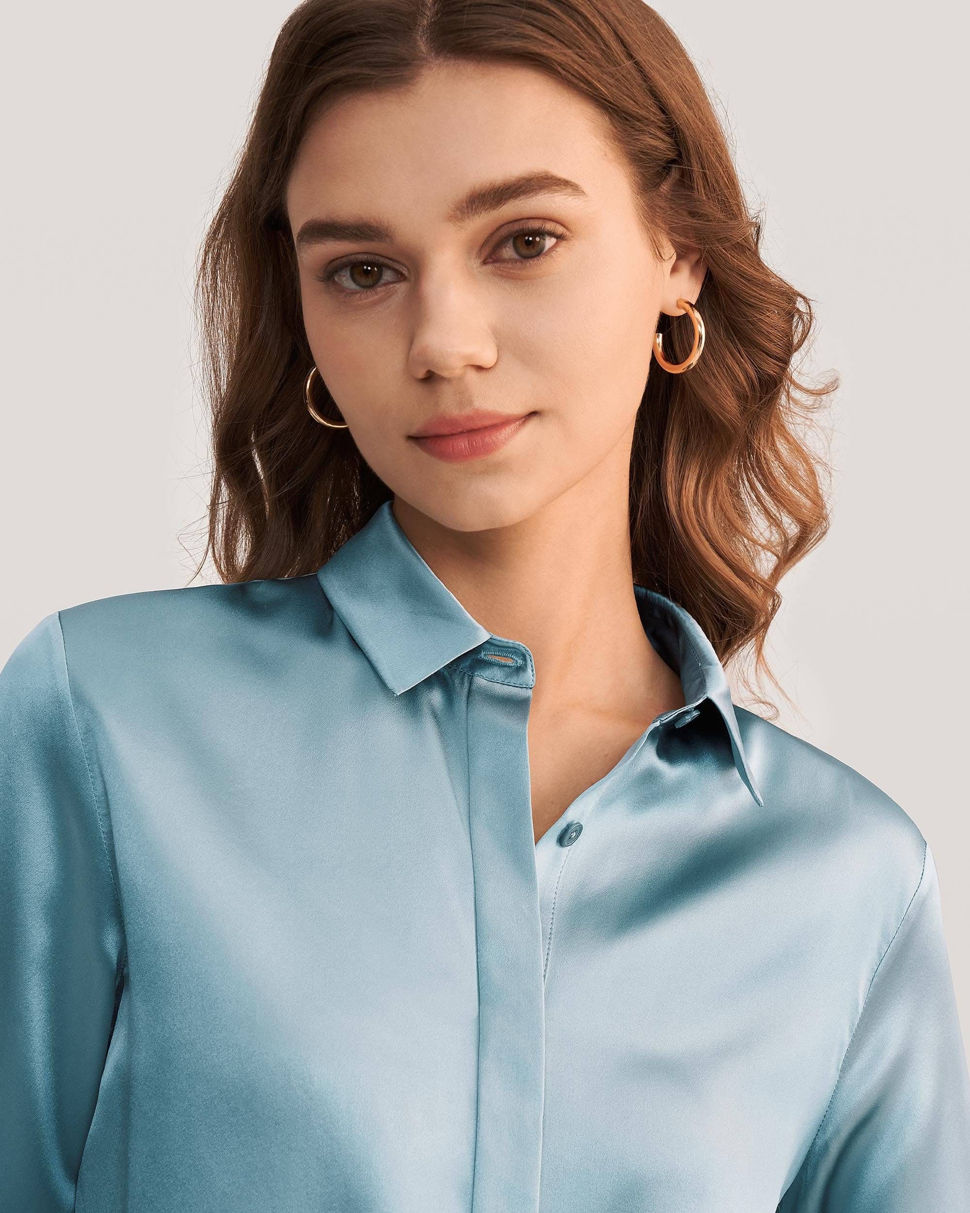 LILYSILK Blue Concealed Placket Silk Shirt | Image