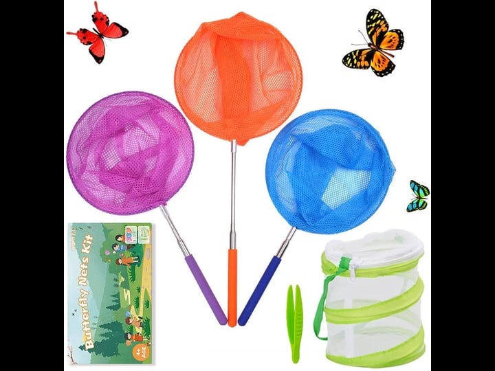 dewel-3-pack-colored-telescopic-butterfly-nets-for-kids-bug-insect-catching-net-extendable-34-inches-1