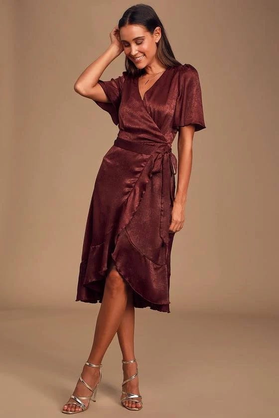 Burgundy Satin Faux-Wrap Midi Dress: Elegant, High-Low Hem Design | Image