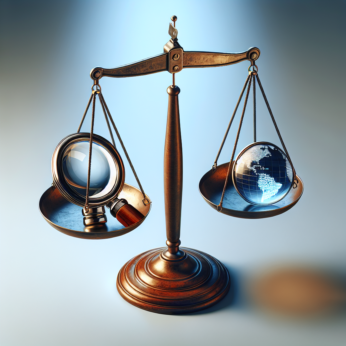 A balance scale with a gleaming magnifying glass on one side and a simplified globe-filled computer screen on the other, symbolizing intense scrutiny and equal consideration.