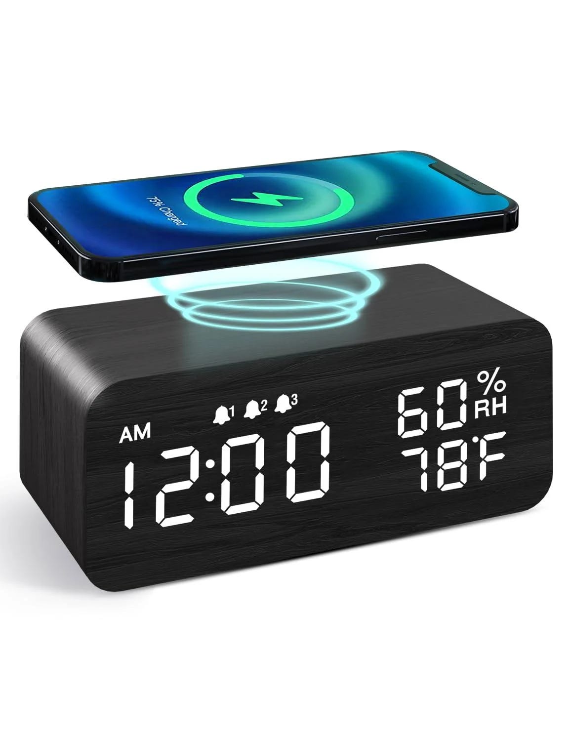 Classic Wooden Digital Alarm Clock with Wireless Charging | Image