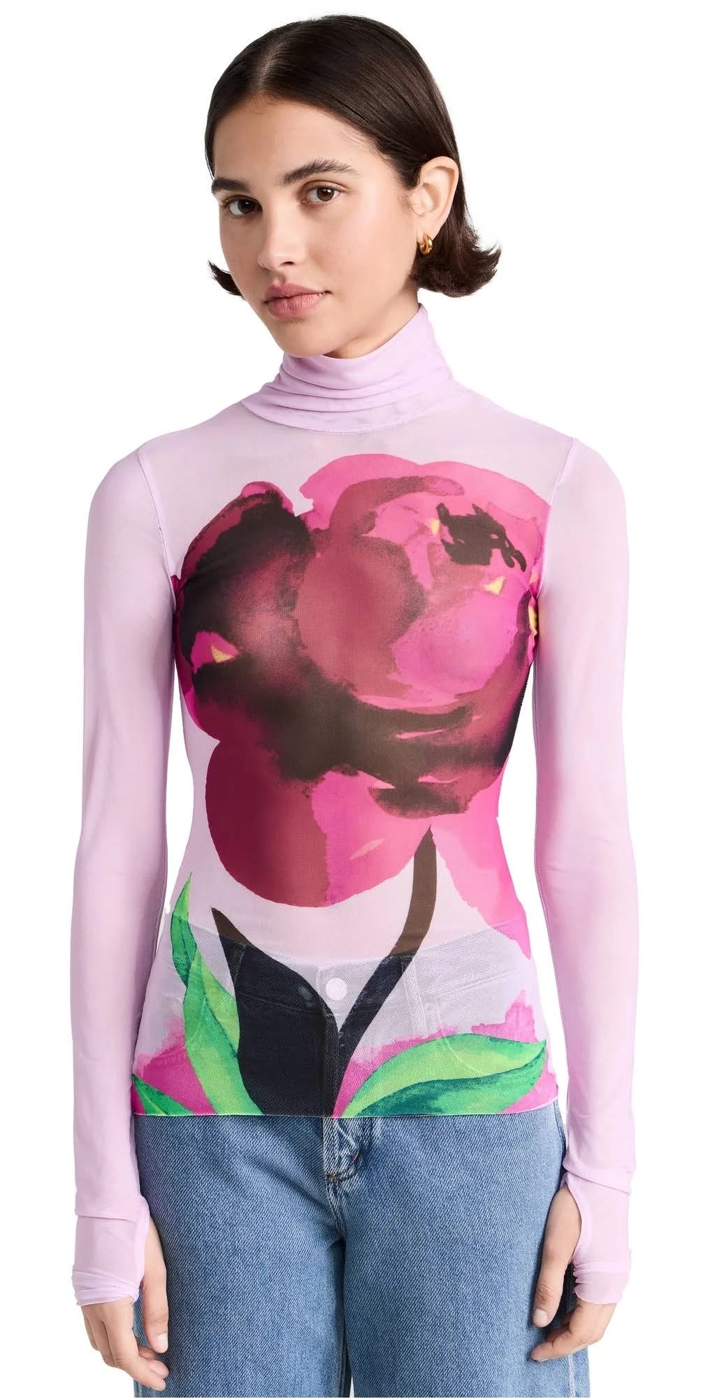 Stylish Rose Pink Turtleneck Top with Sheer Mesh and Thumbholes | Image