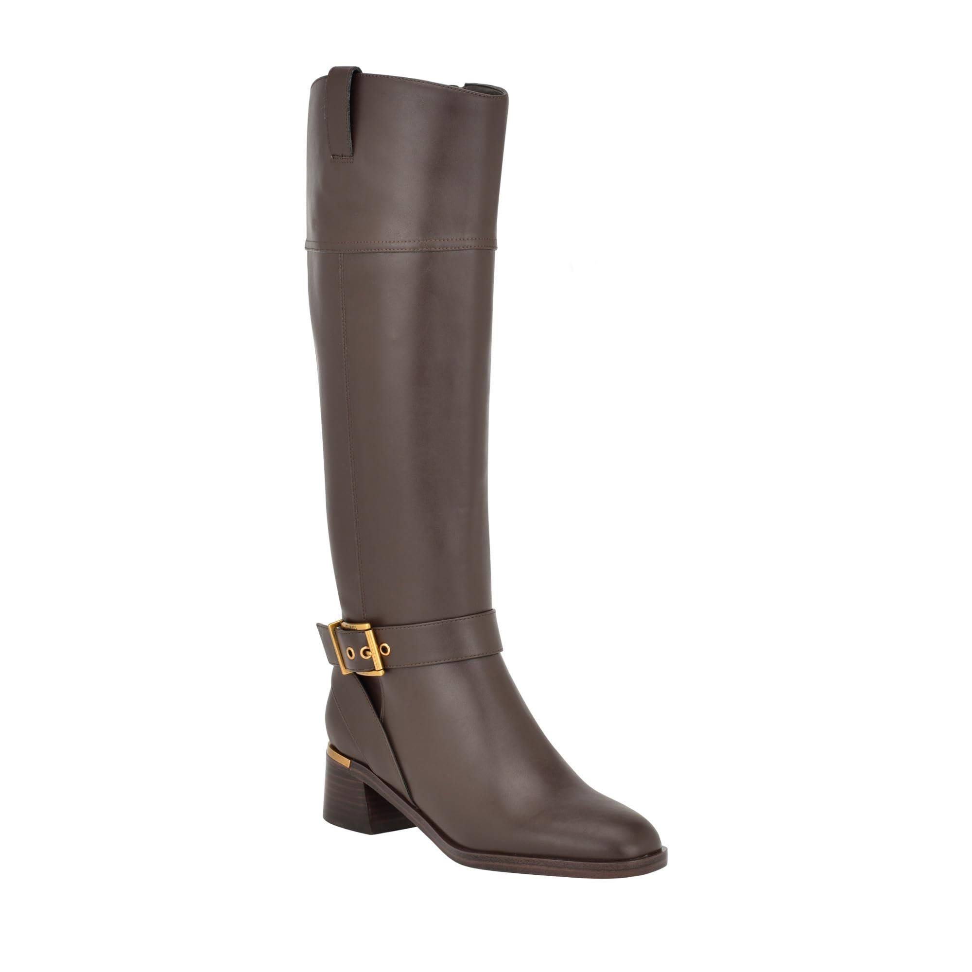 Guess Eveda Brown Block Heel Boot with Buckle Detail & Almond Toe | Image