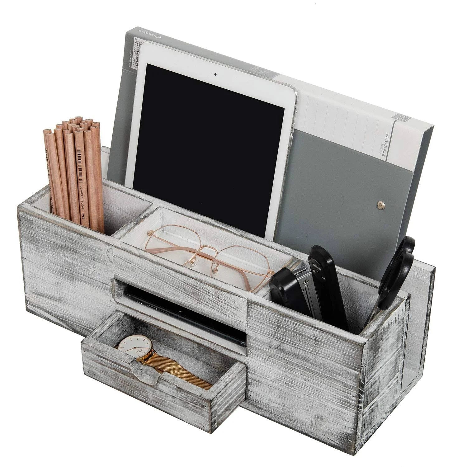 Elegant Whitewashed Organizer with Compartments for Home & Office | Image