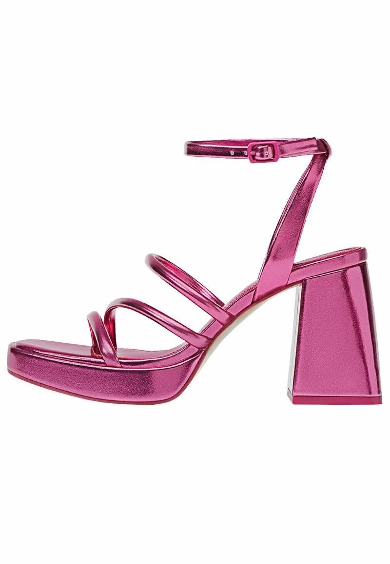 High Heeled Pink Metallic Block Strap Sandals | Image