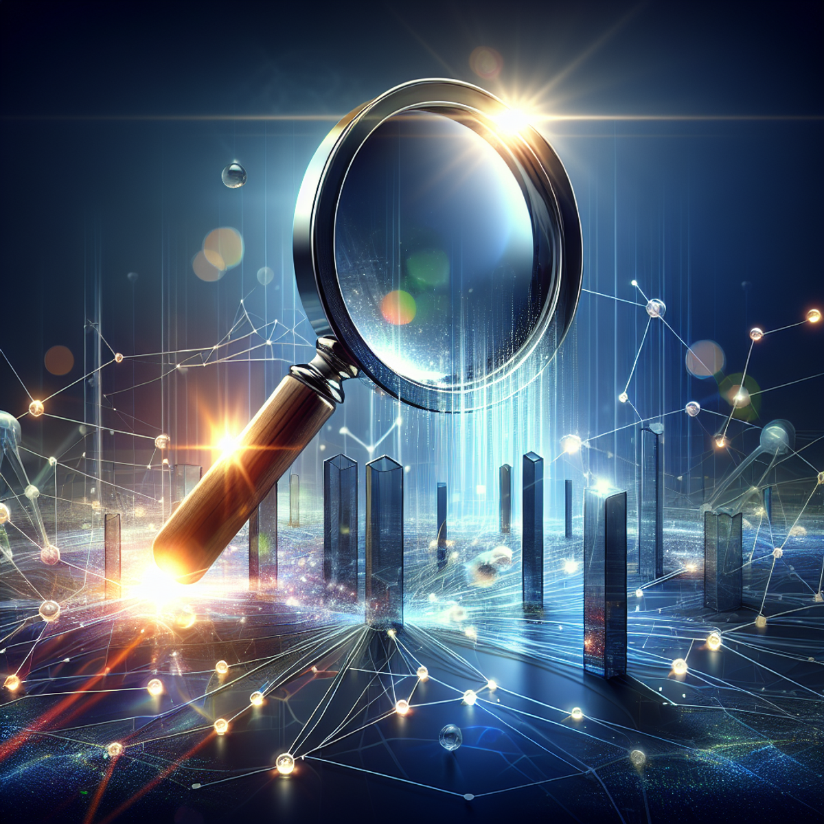 A large, polished magnifying glass hovers over interconnected nodes, symbolizing the vast internet. The magnifying glass is illuminated, uncovering hidden digital opportunities. Transparent obstacles imply SEO challenges, suggesting they can be overcome.