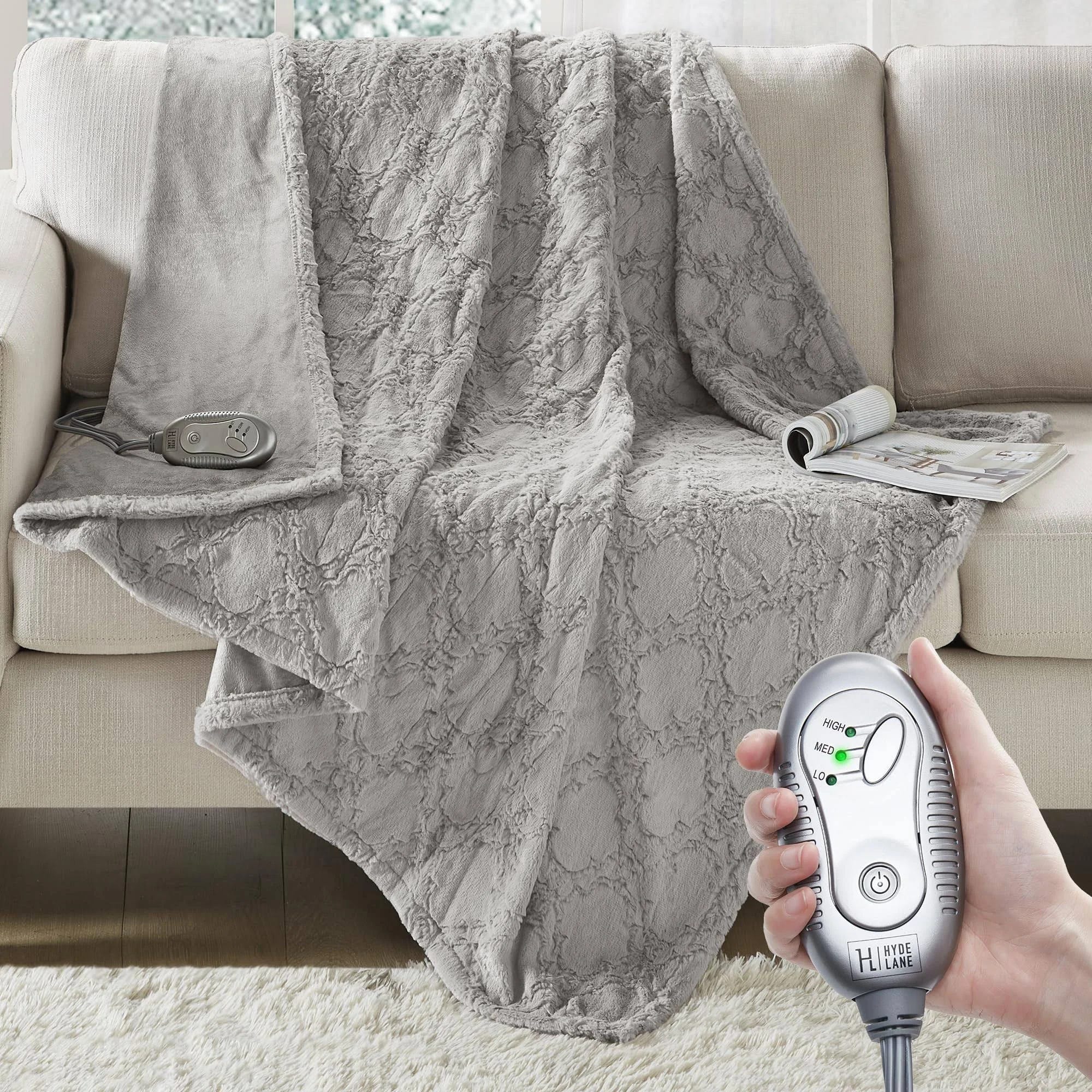 Soft Gray Luxury Faux Fur Heated Throw Blanket with 3 Heat Settings | Image