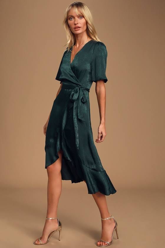 Elegant Dark Green Satin Wrap Midi Dress for Green Party Events | Image