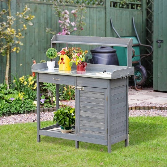 outsunny-potting-bench-table-storage-cabinet-and-open-shelf-garden-planting-workstation-grey-1