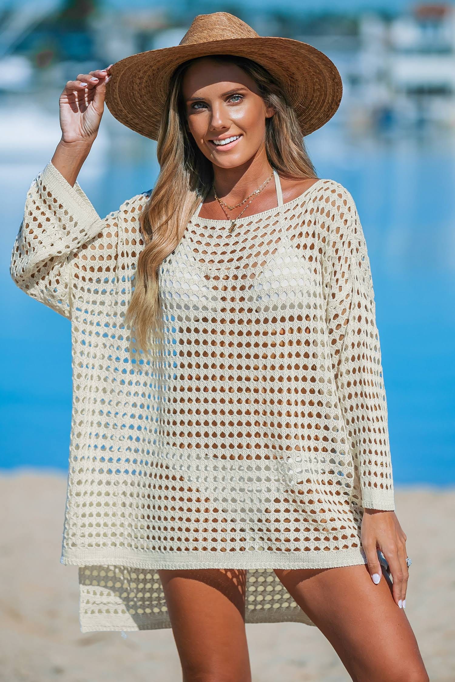 Gorgeous Off White Knitted Open Boat Neck Mini Cover-Up | Image
