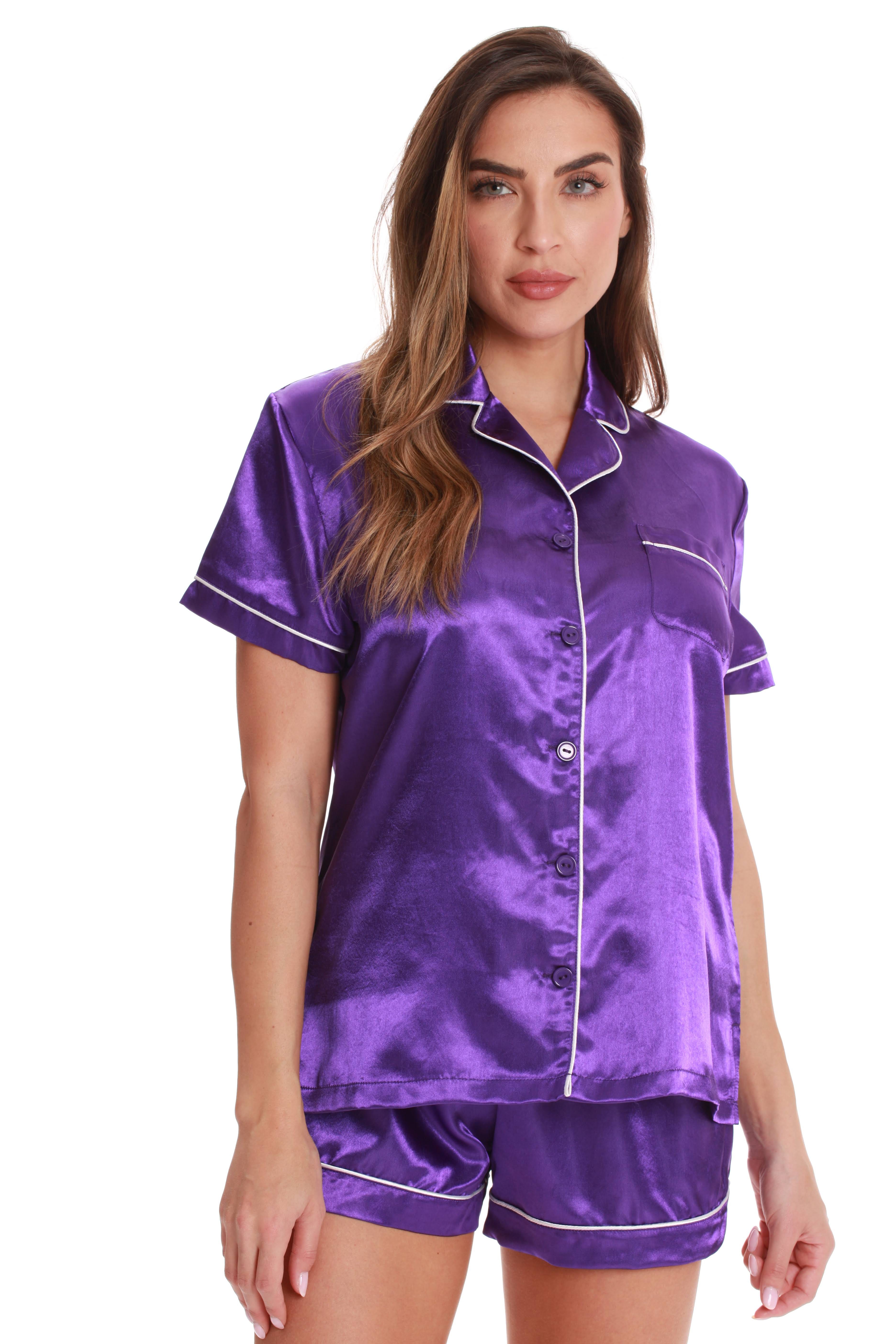 Satin Shorts Pajama Set with Stylish Notch Collar (Purple/Ivory) | Image