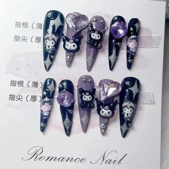 wentao-anime-sanrio-hand-painted-wearable-nails-cute-y2k-purple-kuromi-nails-manicure-patch-finished-1