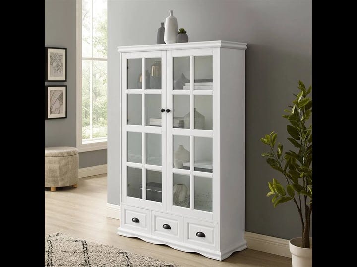 tempered-glass-doors-curio-cabinet-w-adjustable-shelf-triple-drawers-white-1