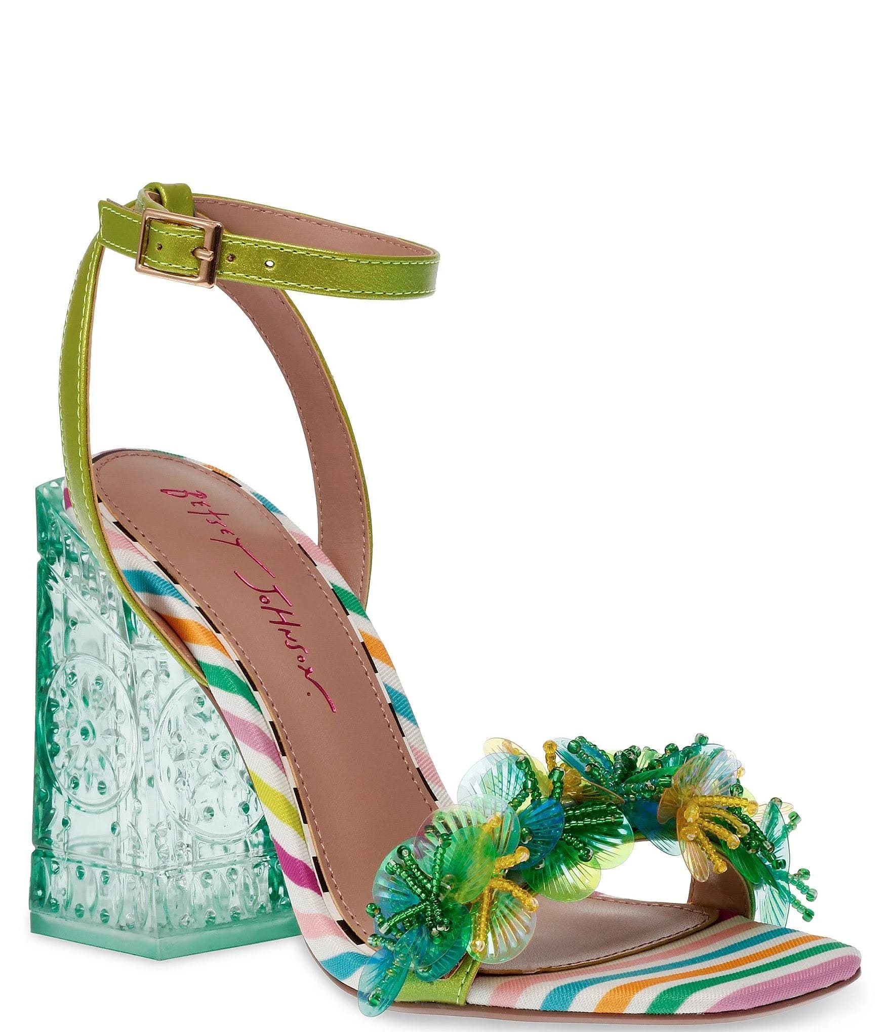 Stylish Beaded Heels Clear Block Sandals by Betsey Johnson | Image