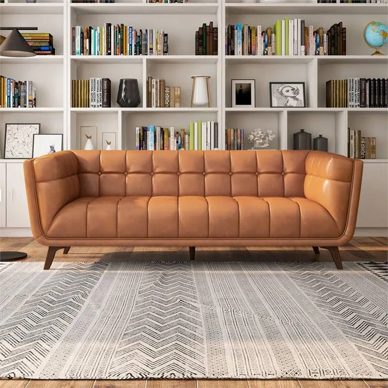 Elegant Tan Leather Chesterfield Sofa for Comfortable Living Space | Image