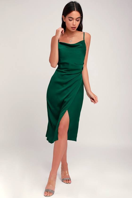 Green Silky Midi Dress with Adjustable Spaghetti Straps | Image